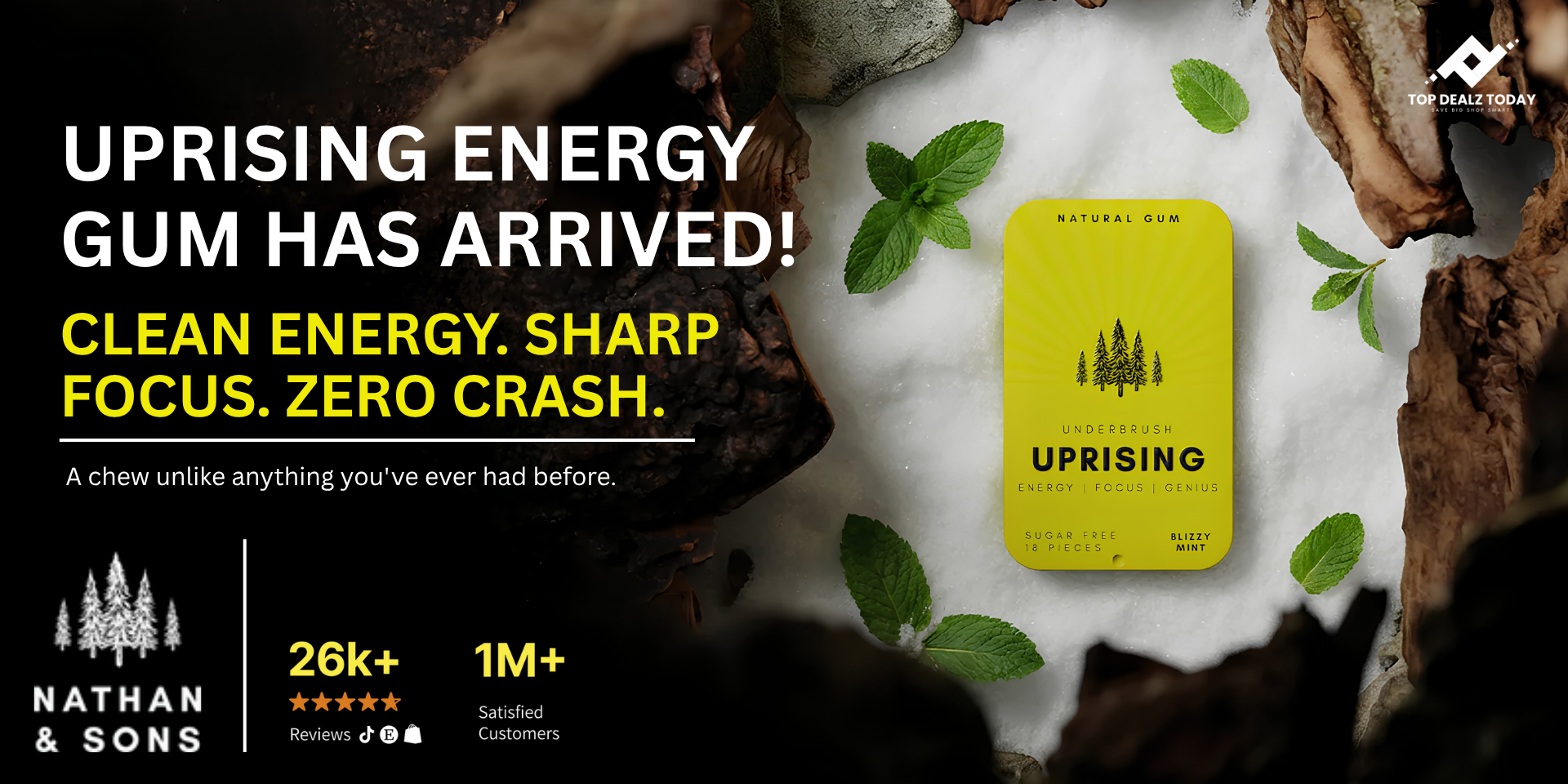 Nathan and Sons Uprising Energy Gum - Natural Sugar-Free Caffeine Gum for Focus and Energy