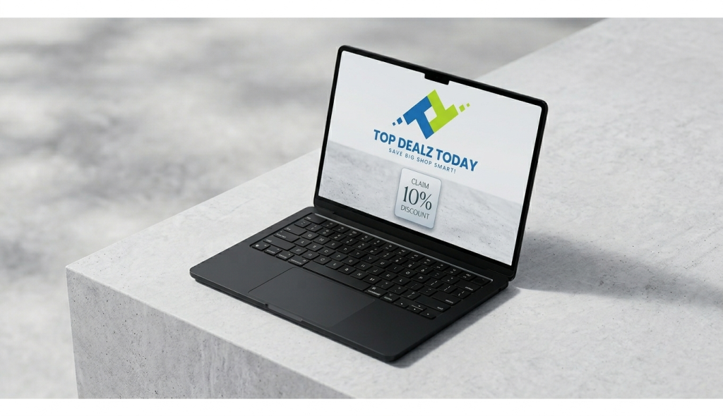 A black laptop is shown open on a modern, textured concrete surface, viewed from a high angle. Natural daylight casts soft shadows. The screen displays the 'TOP DEALZ TODAY' logo (an intertwined blue and lime-green icon with the tagline 'SAVE BIG SHOP SMART!'), followed by a distinct digital badge that reads 'CLAIM 10% OFF DISCOUNT'. The keyboard and concrete background create a clean, professional product scene.