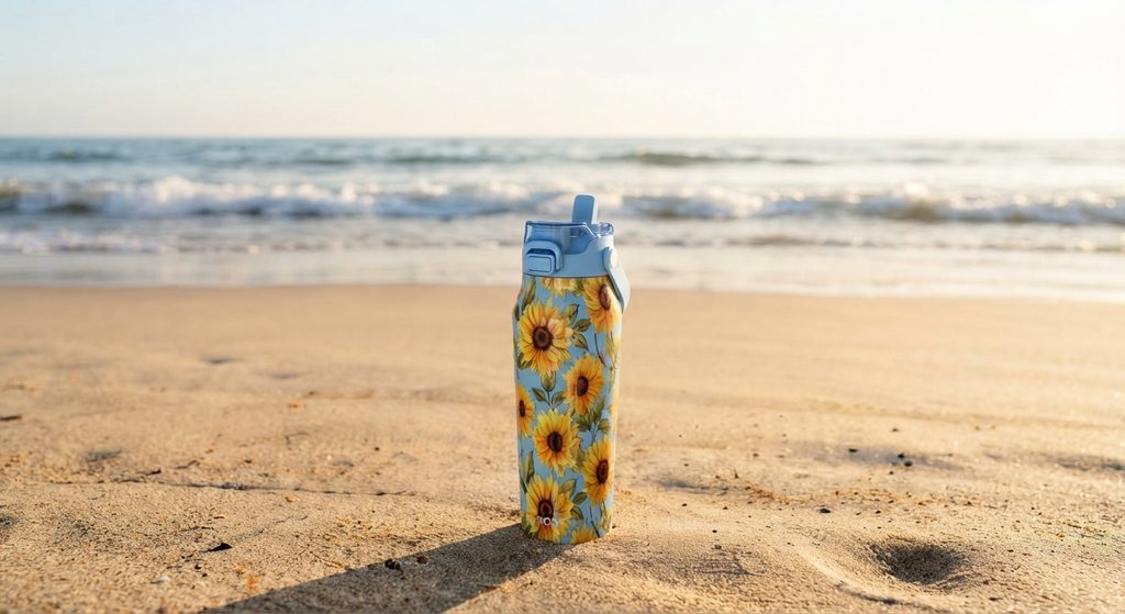 Frost Buddy insulated water bottle with a cheerful sunflower pattern standing in the sand at the beach with ocean waves in the background.