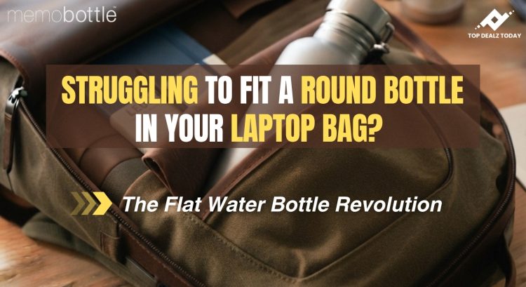 Memobottle flat water bottle neatly stored inside a brown leather laptop backpack