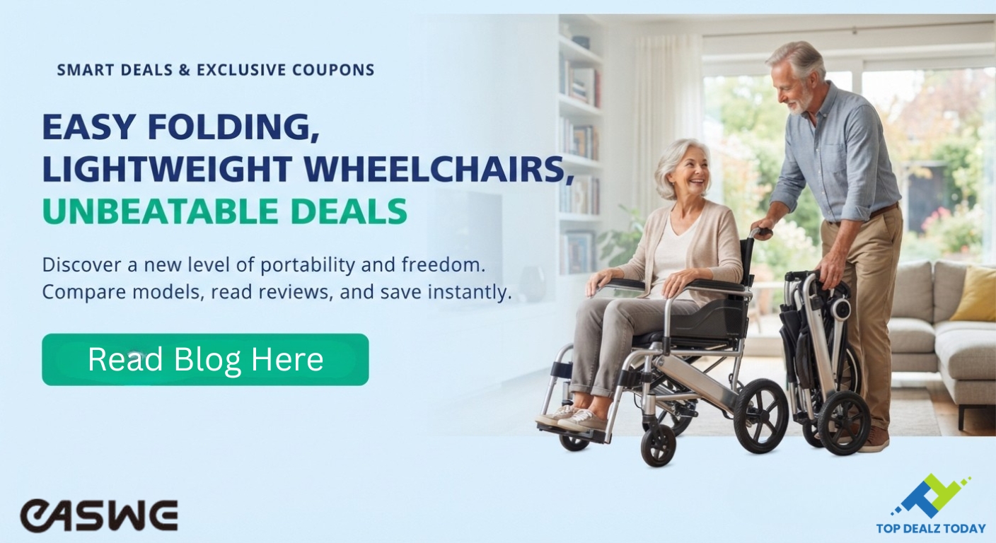Lightweight folding wheelchair deals and savings banner showing an elderly person outdoors