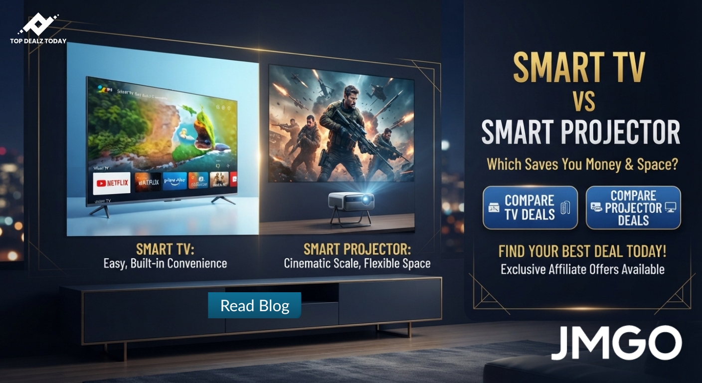 Smart TV vs Smart Projector comparison banner showing deals and discounts