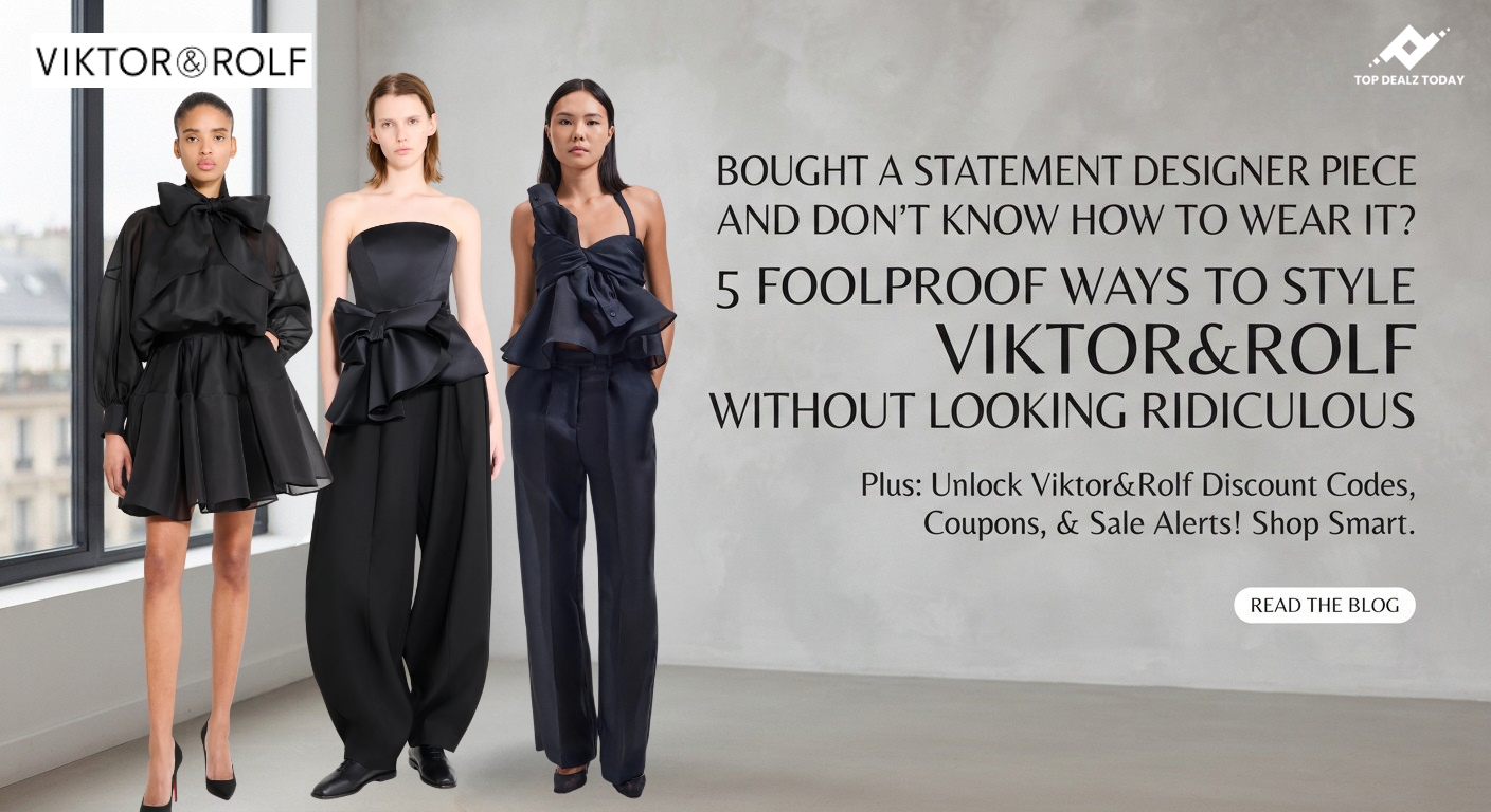 Viktor and Rolf statement dress styling guide banner with discount codes and coupons
