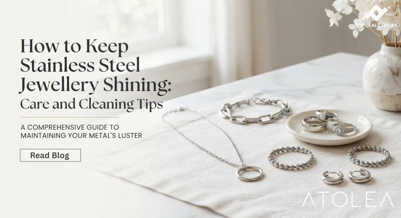 Gleaming stainless steel jewellery including rings, necklaces, and bracelets displayed elegantly on a clean surface for a care and cleaning guide