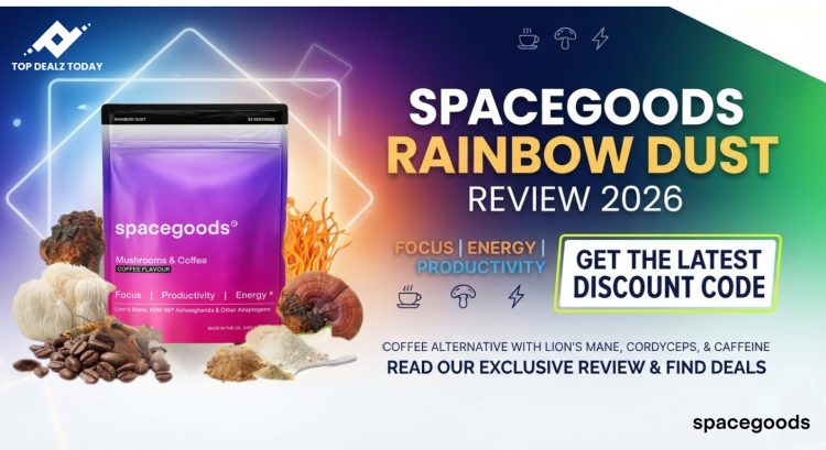 Spacegoods Rainbow Dust review 2026 web banner featuring coffee, functional mushrooms like Lion's Mane and Cordyceps, and discount code CTA on TopDealzToday