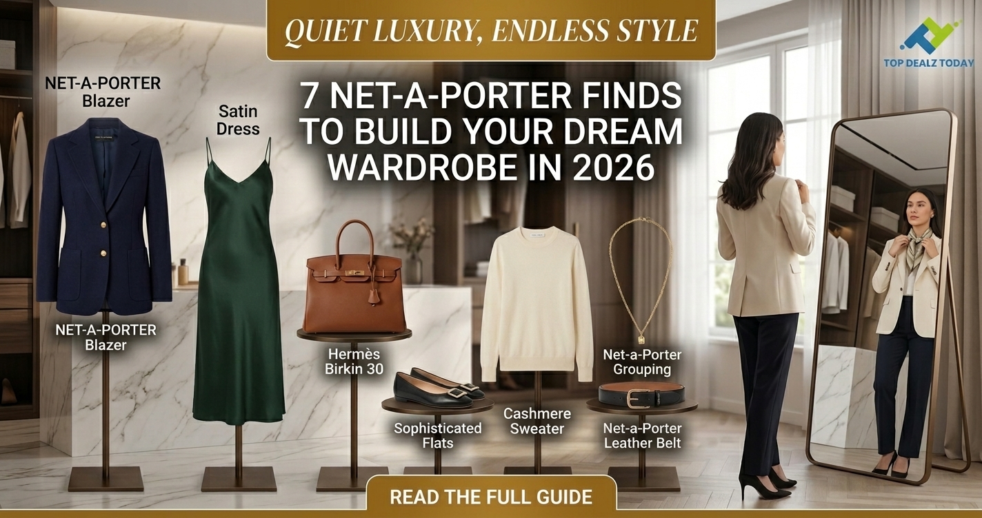 Featured banner for Top Dealz Today blog post titled Quiet Luxury, Endless Style featuring NET-A-PORTER clothing, designer handbags, satin dresses, luxury shoes, and elegant wardrobe essentials for 2026.